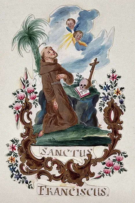 Framed Print : Saint Francis of Assisi, kneeling, receiving the stigmata. Creator: Unknown Framed Print : Saint Francis of Assisi, kneeling, receiving the stigmata. Creator: Unknown