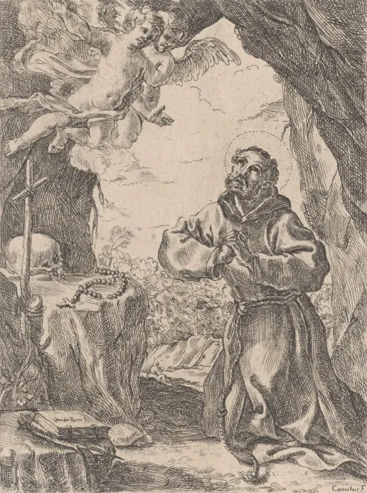 Framed Print : Saint Francis of Assisi, kneeling before a crucifix with two angels at upper left Framed Print : Saint Francis of Assisi, kneeling before a crucifix with two angels at upper left
