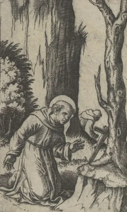 Framed Print : Saint Francis of Assisi praying before a crucifix, from the series Piccoli Santi... ca Framed Print : Saint Francis of Assisi praying before a crucifix, from the series Piccoli Santi... ca