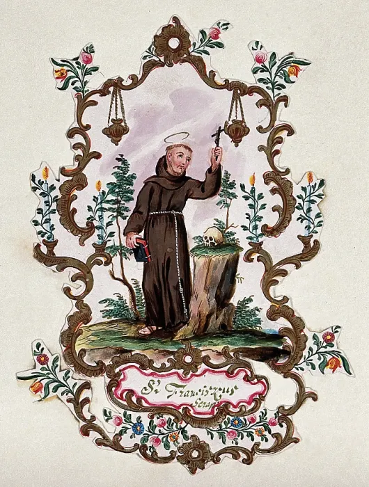 Framed Print : Saint Francis of Assisi, in a rococo frame, holding a Bible and a crucifix. Creator: Unknown Framed Print : Saint Francis of Assisi, in a rococo frame, holding a Bible and a crucifix. Creator: Unknown