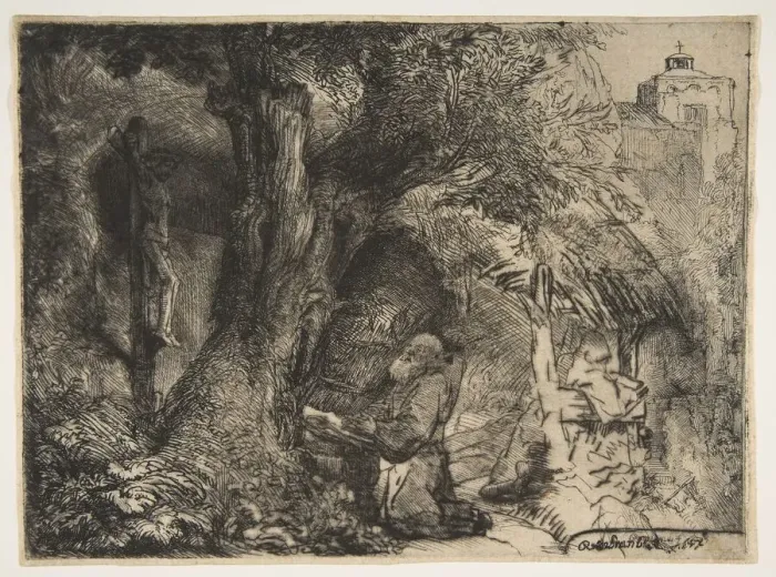 Framed Print : Saint Francis beneath a Tree, Praying, 1657. Creator: Rembrandt Harmensz van Rijn Framed Print : Saint Francis beneath a Tree, Praying, 1657. Creator: Rembrandt Harmensz van Rijn
