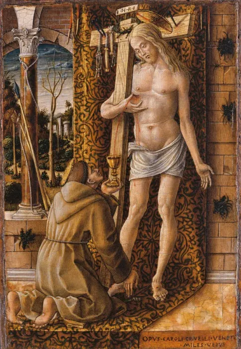 Framed Print : Saint Francis Catches the Blood of Christ from the Wounds, 1480-1490. Artist: Crivelli, Carlo (c. 1435-c. 1495) Framed Print : Saint Francis Catches the Blood of Christ from the Wounds, 1480-1490. Artist: Crivelli, Carlo (c. 1435-c. 1495)
