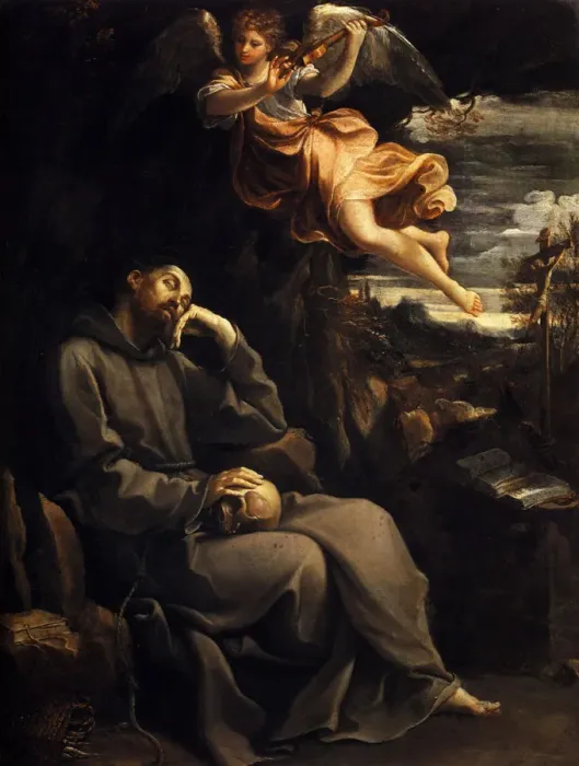 Framed Print : Saint Francis Consoled by the Musical Angel, 1606-1607. Creator: Reni, Guido (1575-1642) Framed Print : Saint Francis Consoled by the Musical Angel, 1606-1607. Creator: Reni, Guido (1575-1642)