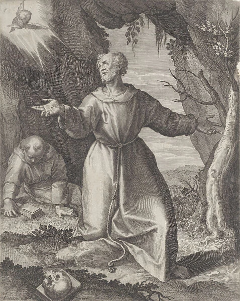 Saint Francis kneeling with his arms outstretched, looking towards a cherub at upper left