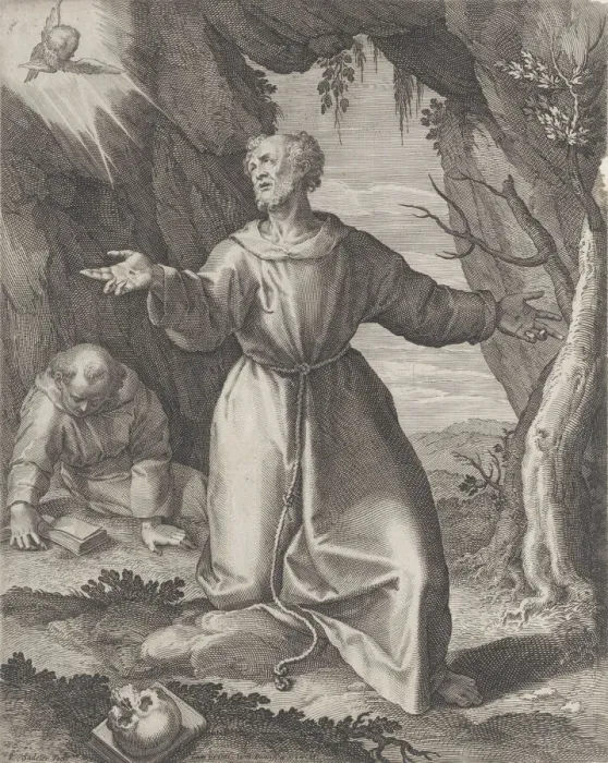 Framed Print : Saint Francis kneeling with his arms outstretched, looking towards a cherub at upper left Framed Print : Saint Francis kneeling with his arms outstretched, looking towards a cherub at upper left