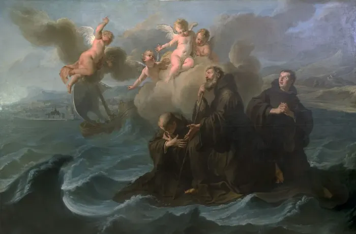Framed Print : Saint Francis of Paola and his companions cross the strait to Messina on his cloak, 1723 Framed Print : Saint Francis of Paola and his companions cross the strait to Messina on his cloak, 1723