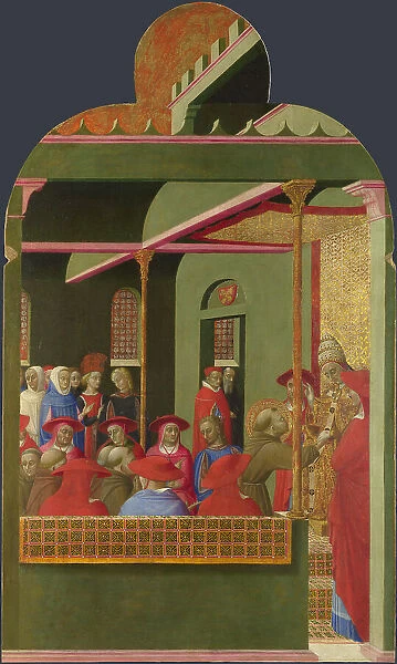 Saint Francis before Pope Honorius III (From Borgo del Santo Sepolcro Altarpiece), 1437-1444. Creator: Sassetta (1392-1450)