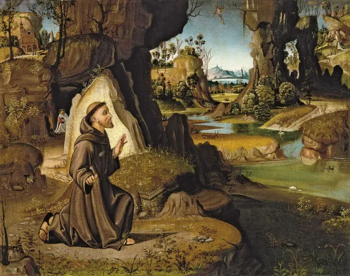 Framed Print : Saint Francis receiving the Stigmata. Artist: Pirri, Antonio (active ca 1500-1550) Framed Print : Saint Francis receiving the Stigmata. Artist: Pirri, Antonio (active ca 1500-1550)