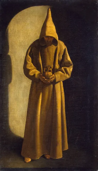 Framed Print : Saint Francis with a Skull in his Hands, c. 1630. Artist: Zurbaran, Francisco de, (School) Framed Print : Saint Francis with a Skull in his Hands, c. 1630. Artist: Zurbaran, Francisco de, (School)