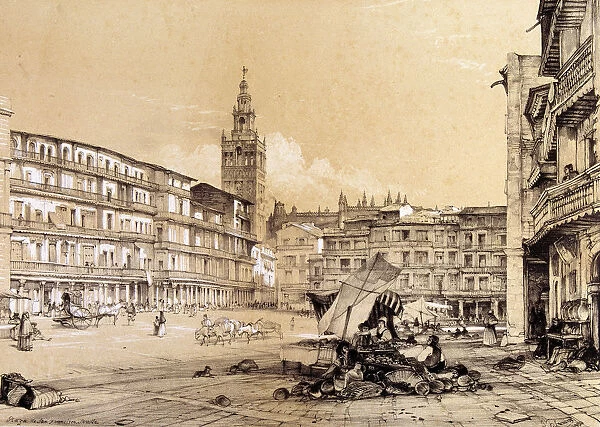 Saint Francis square, Seville, drawing, 1834