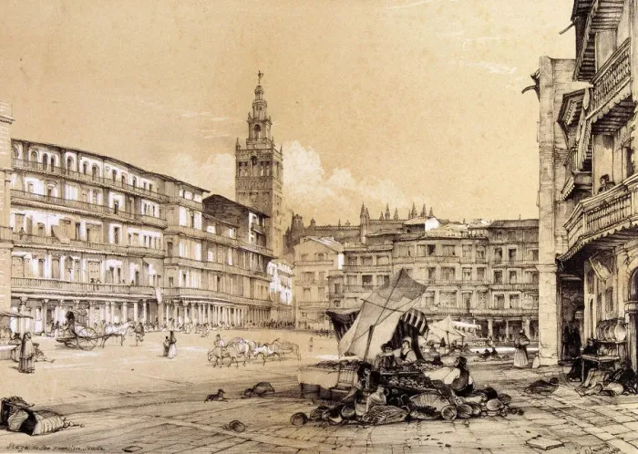 Framed Print : Saint Francis square, Seville, drawing, 1834 Framed Print : Saint Francis square, Seville, drawing, 1834