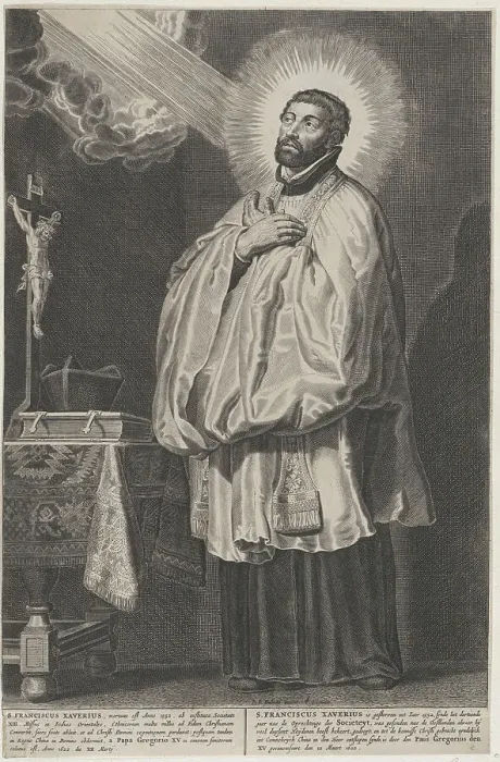 Framed Print : Saint Francis Xavier with a divine light emanating towards him from the upper left, with a... 1622. Creator: Anon