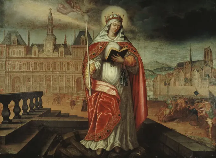 Framed Print : Saint Geneviève, patron of Paris, in front of the Hôtel de Ville; on the right... around 1620. Creator: Unknown Framed Print : Saint Geneviève, patron of Paris, in front of the Hôtel de Ville; on the right... around 1620. Creator: Unknown