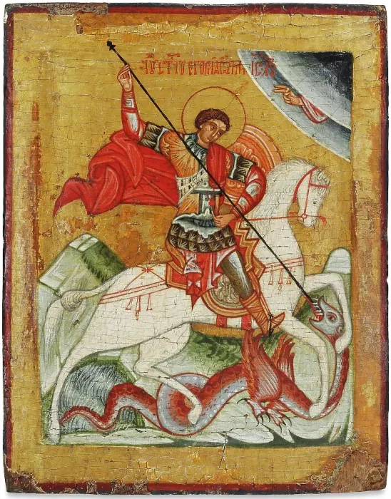 Framed Print : Saint George and the Dragon, 16th century. Creator: Russian icon Framed Print : Saint George and the Dragon, 16th century. Creator: Russian icon