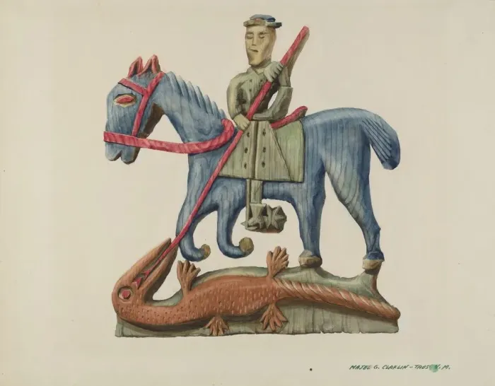 Framed Print : Saint George & the Dragon, Carved Out of Section of Plank - Painted, c. 1938 Framed Print : Saint George & the Dragon, Carved Out of Section of Plank - Painted, c. 1938