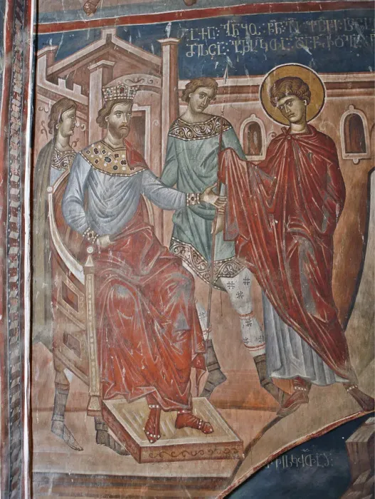 Framed Print : Saint George before the Emperor Diokletian, 14th century. Artist: Master Gerasime (active 14th century) Framed Print : Saint George before the Emperor Diokletian, 14th century. Artist: Master Gerasime (active 14th century)