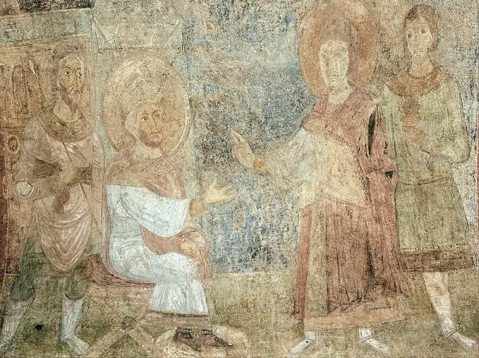 Framed Print : Saint George before the Emperor Diokletian. Artist: Ancient Russian frescos Framed Print : Saint George before the Emperor Diokletian. Artist: Ancient Russian frescos