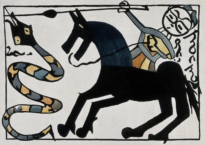 Framed Print : Saint George on horseback killing the dragon with his lance. Creator: Unknown