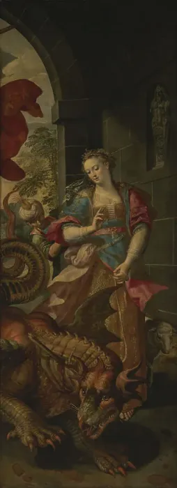 Framed Print : Saint George and the Princess of Silene Return to the City with the Vanquished Dragon, 1590. Creator: Martin de Vos Framed Print : Saint George and the Princess of Silene Return to the City with the Vanquished Dragon, 1590. Creator: Martin de Vos