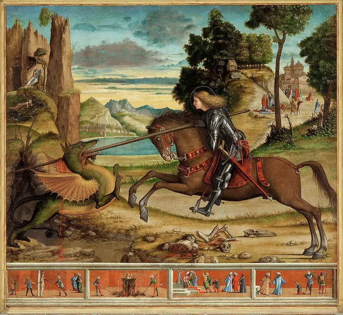 Framed Print : Saint George with Scenes from His Life, 1516. Creator: Carpaccio, Vittore (1460-1526) Framed Print : Saint George with Scenes from His Life, 1516. Creator: Carpaccio, Vittore (1460-1526)