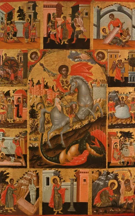 Framed Print : Saint George slaying the dragon and scenes from his life, between 1700 and 1750. Creator: Cretan School Framed Print : Saint George slaying the dragon and scenes from his life, between 1700 and 1750. Creator: Cretan School
