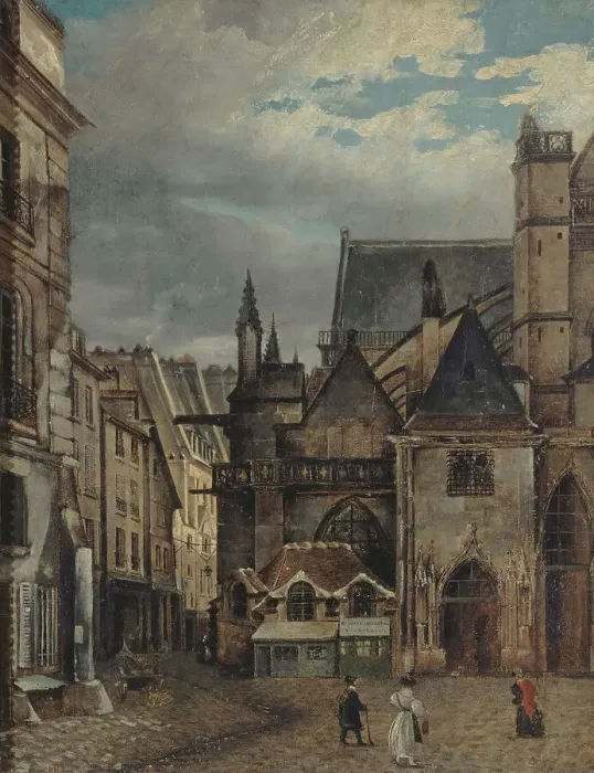 Framed Print : Saint-Germain-l'Auxerrois church and rue Chilpéric, around 1830, now Place du Louvre... Creator: Unknown Framed Print : Saint-Germain-l'Auxerrois church and rue Chilpéric, around 1830, now Place du Louvre... Creator: Unknown