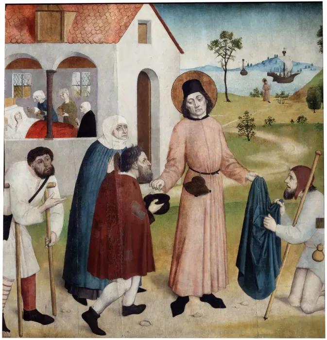Framed Print : Saint Giles distributing his property among the poor, c1470-1480 Framed Print : Saint Giles distributing his property among the poor, c1470-1480