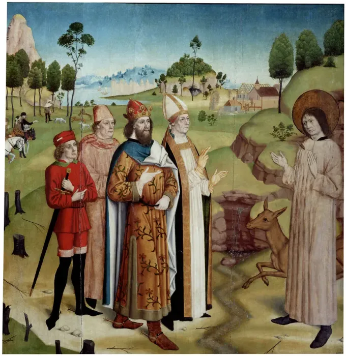 Framed Print : Saint Giles and King Wamba at the royal hunt, c1470-1480 Framed Print : Saint Giles and King Wamba at the royal hunt, c1470-1480