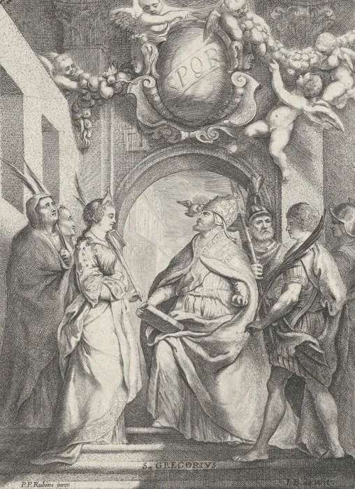 Framed Print : Saint Gregory surrounded by other saints, in front of an archway with putti holding... ca. 1711-54. Creator: Jacob de Wit Framed Print : Saint Gregory surrounded by other saints, in front of an archway with putti holding... ca. 1711-54. Creator: Jacob de Wit