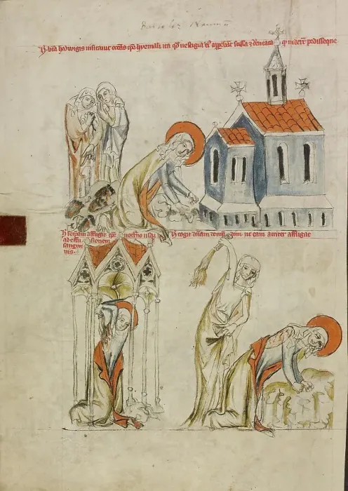 Framed Print : Saint Hedwig Leaving Bloody Footprints in the Snow: The Self-Flagellation of Saint Hedwig, 1353. Creator: Unknown Framed Print : Saint Hedwig Leaving Bloody Footprints in the Snow: The Self-Flagellation of Saint Hedwig, 1353. Creator: Unknown