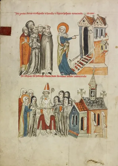 Framed Print : Saint Hedwig Offering Hospitality: Saint Hedwig Presenting Her Daughter Gertrude to the... 1353. Creator: Unknown Framed Print : Saint Hedwig Offering Hospitality: Saint Hedwig Presenting Her Daughter Gertrude to the... 1353. Creator: Unknown