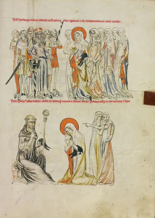 Framed Print : Saint Hedwig Receiving Shoes Miraculously; Abbot Gunther of Leubus Presenting Shoes... 1353. Creator: Unknown Framed Print : Saint Hedwig Receiving Shoes Miraculously; Abbot Gunther of Leubus Presenting Shoes... 1353. Creator: Unknown