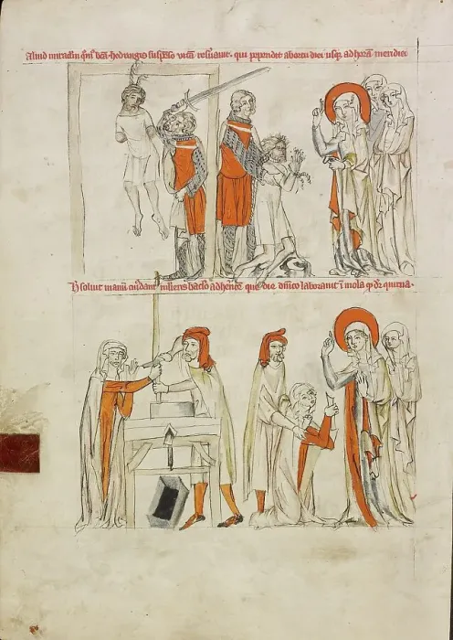 Framed Print : Saint Hedwig Rescuing a Man from Hanging: Saint Hedwig Freeing the Hands of a Woman... 1353. Creator: Unknown Framed Print : Saint Hedwig Rescuing a Man from Hanging: Saint Hedwig Freeing the Hands of a Woman... 1353. Creator: Unknown