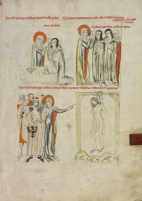 Framed Print : Saint Hedwig Saving a Choking Nun and Curing a Woman and Nuns of Blindness, 1353. Creator: Unknown Framed Print : Saint Hedwig Saving a Choking Nun and Curing a Woman and Nuns of Blindness, 1353. Creator: Unknown