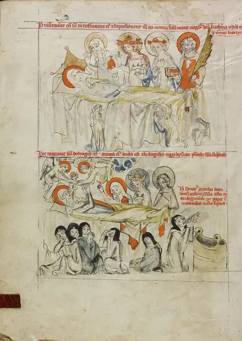 Framed Print : Saint Hedwig on Her Sickbed Surrounded by Saints; The Death of Saint Hedwig and Her Soul... 1353. Creator: Unknown Framed Print : Saint Hedwig on Her Sickbed Surrounded by Saints; The Death of Saint Hedwig and Her Soul... 1353. Creator: Unknown