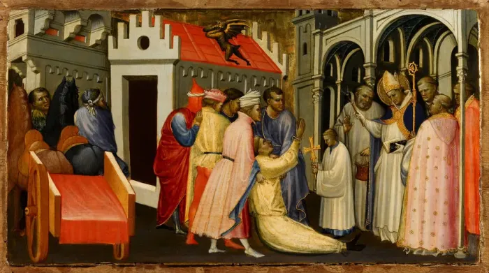 Framed Print : Saint Hugh of Lincoln Exorcises a Man Possessed by the Devil, 1404-1407. Artist: Starnina, Gherardo (c. 1364-1413)