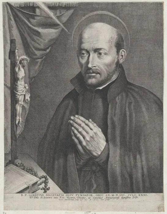 Framed Print : Saint Ignatius of Loyola, praying towards the left with a crucifix, a rosary, a book, and... 1621. Creator: Lucas Vorsterman Framed Print : Saint Ignatius of Loyola, praying towards the left with a crucifix, a rosary, a book, and... 1621. Creator: Lucas Vorsterman
