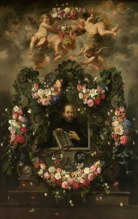 Framed Print : Saint Ignatius Surrounded by a Garland of Flowers, 1643. Creator: Jan van Balen Framed Print : Saint Ignatius Surrounded by a Garland of Flowers, 1643. Creator: Jan van Balen