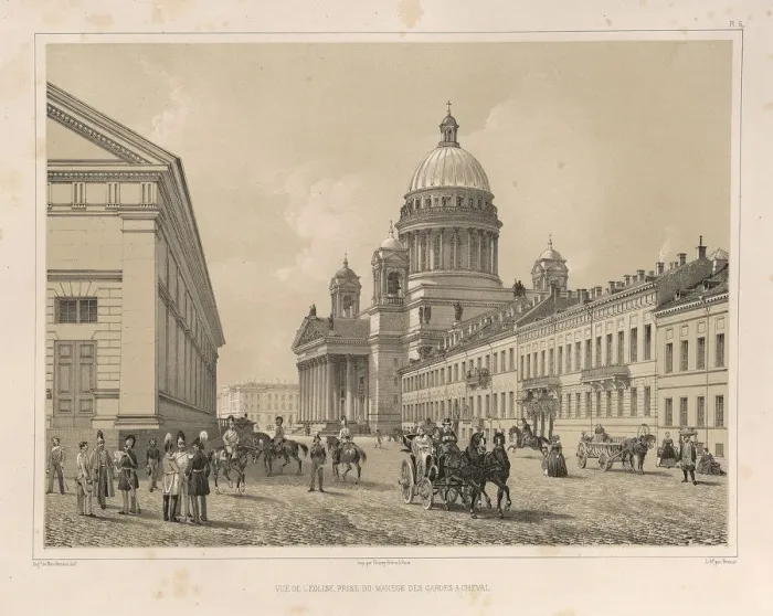 Framed Print : Saint Isaacs Cathedral As Seen From the Cavalry Manege (From: The Construction of the Saint Isaacs Cathedral), 1845. Artist: Montferrand, Auguste, de (1786-1858) Framed Print : Saint Isaacs Cathedral As Seen From the Cavalry Manege (From: The Construction of the Saint Isaacs Cathedral), 1845. Artist: Montferrand, Auguste, de (1786-1858)