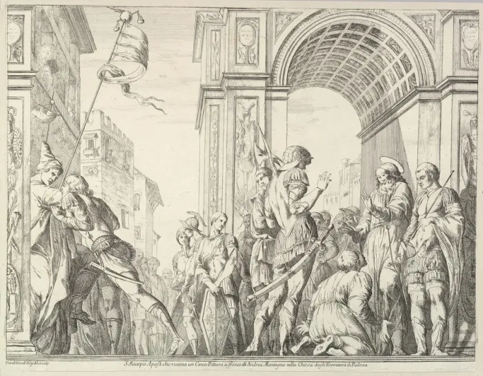 Framed Print : Saint James Cures a Blind Man, from The Story of Saints James Framed Print : Saint James Cures a Blind Man, from The Story of Saints James