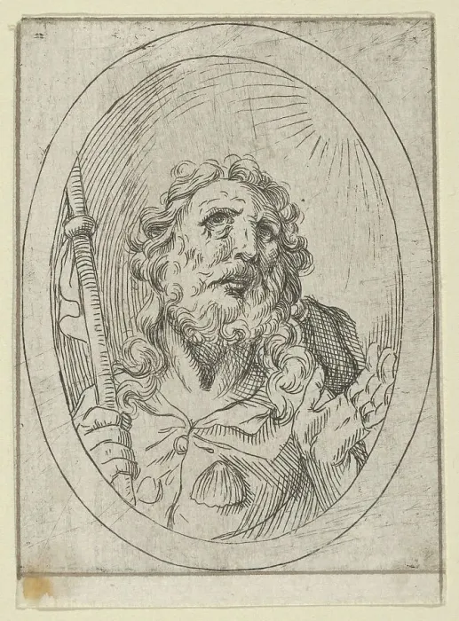 Framed Print : Saint James Major, looking upwards and holding a staff, from Christ, the Virgin, and... 1600-1640. Creator: Anon Framed Print : Saint James Major, looking upwards and holding a staff, from Christ, the Virgin, and... 1600-1640. Creator: Anon