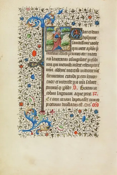 Framed Print : Saint James as a Pilgrim with a Purse and a Staff; Book of Hours, about 1440-1450. Creator: Workshop of the Bedford Master Framed Print : Saint James as a Pilgrim with a Purse and a Staff; Book of Hours, about 1440-1450. Creator: Workshop of the Bedford Master
