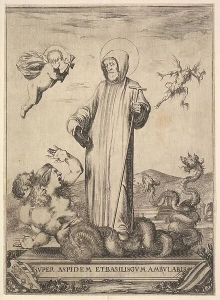 Saint Jean Gualbert trampling a monster with two human heads and a serpentine body