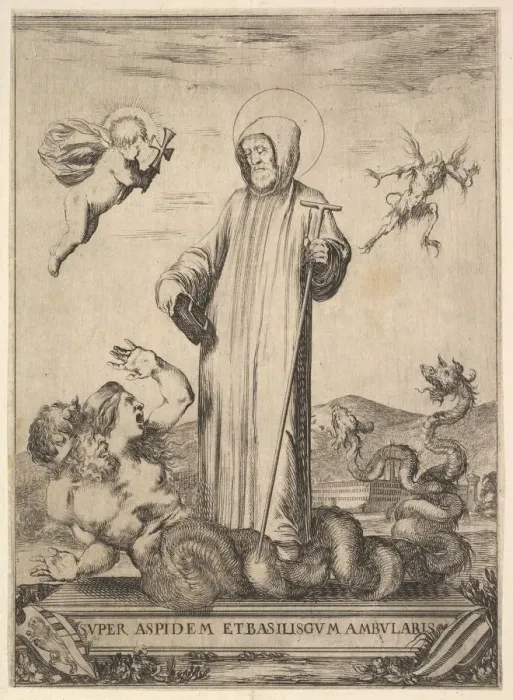Framed Print : Saint Jean Gualbert trampling a monster with two human heads and a serpentine body Framed Print : Saint Jean Gualbert trampling a monster with two human heads and a serpentine body