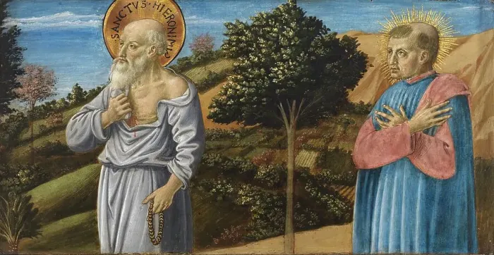 Framed Print : Saint Jerome and the blessed Bartolo Buompedoni of San Gimignano, 1464. Creator: Benozzo Gozzoli Framed Print : Saint Jerome and the blessed Bartolo Buompedoni of San Gimignano, 1464. Creator: Benozzo Gozzoli