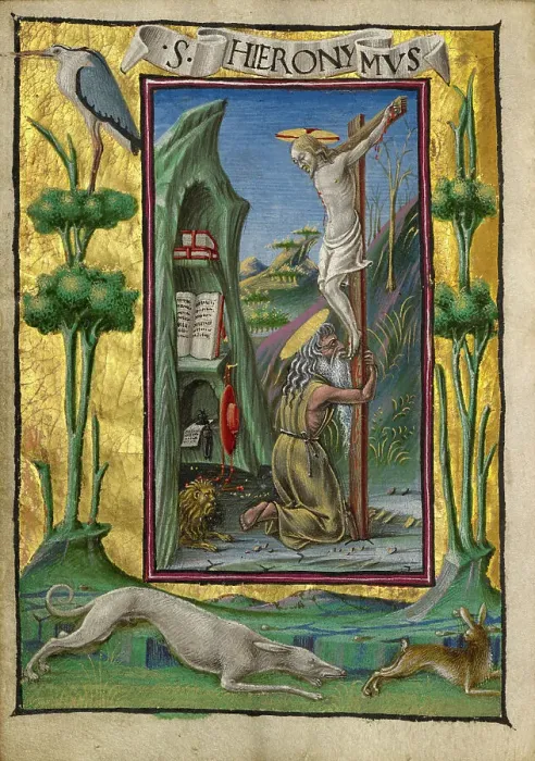 Framed Print : Saint Jerome in the Desert; Gualenghi-d'Este Hours, about 1469. Creator: Taddeo Crivelli Framed Print : Saint Jerome in the Desert; Gualenghi-d'Este Hours, about 1469. Creator: Taddeo Crivelli