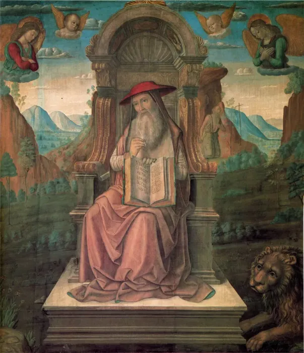 Framed Print : Saint Jerome Enthroned, ca 1475. Creator: Santi, Giovanni (ca 1435-1494) Framed Print : Saint Jerome Enthroned, ca 1475. Creator: Santi, Giovanni (ca 1435-1494)