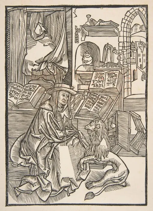 Framed Print : Saint Jerome Extracting a Thorn from the Lions Foot, Lyons 1508 (copy). n. d