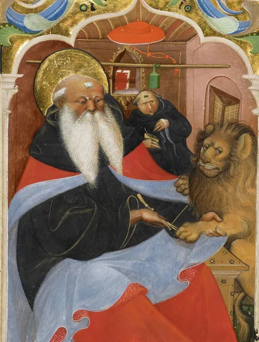 Framed Print : Saint Jerome Extracting a Thorn from a Lion's Paw, second quarter of 15th century. Creator: Master of the Murano Gradual Framed Print : Saint Jerome Extracting a Thorn from a Lion's Paw, second quarter of 15th century. Creator: Master of the Murano Gradual