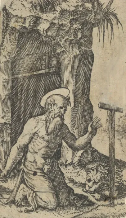 Framed Print : Saint Jerome kneeling before a crucifix, from the series Piccoli Santi (Small S... ca